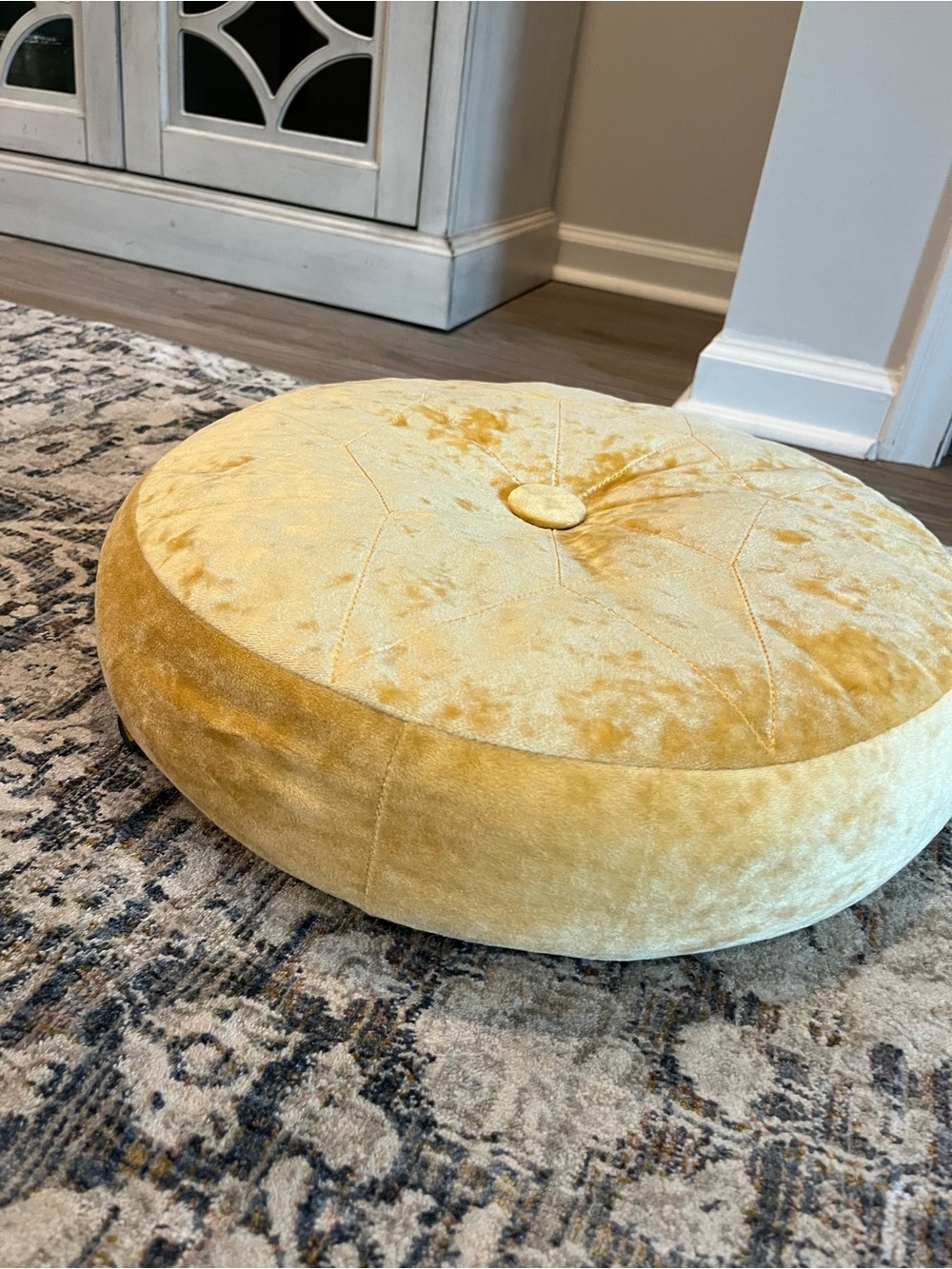Round Velvet Accent Pouf in Mustard Yellow